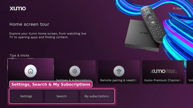 Settings, Search and Subscriptions on Xumo Home Screen