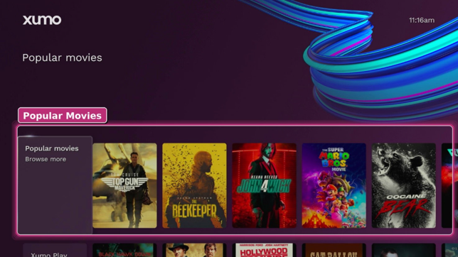 Popular Movies on Xumo home screen